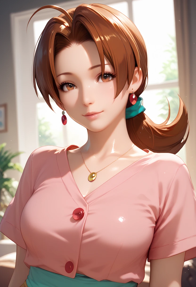 (Delia Ketchum, mature body,Brown Hair, Brown Eyes , Shiny Skin)