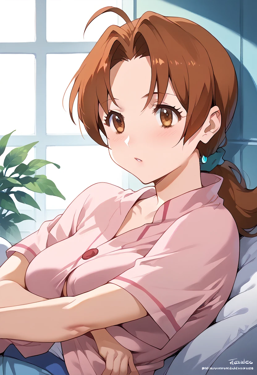 (Delia Ketchum, mature body,Brown Hair, Brown Eyes , Shiny Skin)