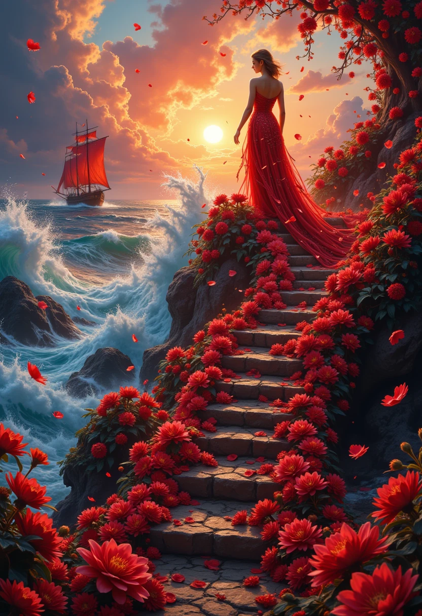 Magic style, nightmare, beautiful girl, in a lush dress of red flowers, with a long train of flowers, climbs the stairs, petals, sunset, sea, ship with a scarlet sail, hyperdetail, bright colors