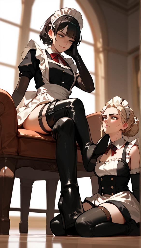 Anime Women, Maid seated on a chair, thigh boots, elbow gloves, raised leg, Stomping of feet on face, step on face, looking down, throw