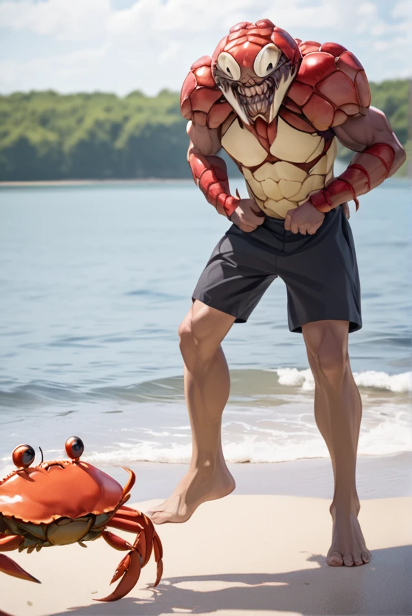 Crab man, human face on crab shell, waterside, intimidation