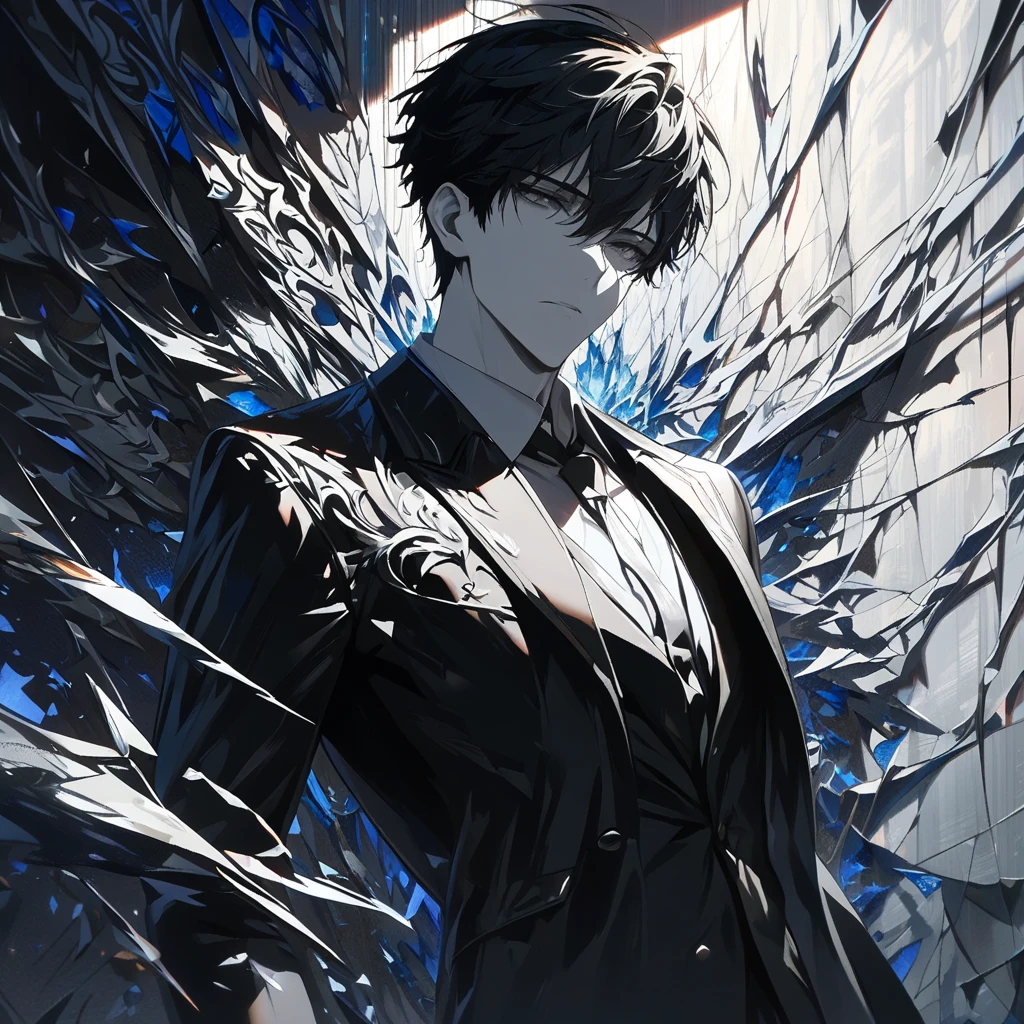 Impasto, short hair, masterpiece, best quality, 1 man, 27-year-old handsome male, black hair, deep-set features, perfect face, grey eyes, pale skin, alone, adult male, upper body, delicate line drawing, extremely detailed, black suit, CEO, slender figure, cold expression, three-quarter body shot, shattered glass background, 4K, ((masterpiece)), ((best quality)), ((high detail)), ((practical)), ((best quality)), ((masterpiece)), ((practical)), high resolution, ((intricate details)), very detailed, masterpiece, best quality, (very detailed CG unity 8k wallpaper), (best quality), (Best Illustration Award), (best shadow), Cowboy Shot.