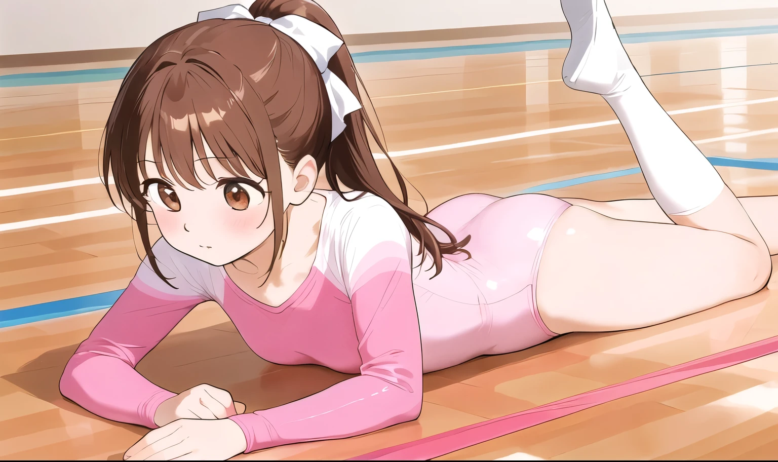 an anime drawing of a young girl laying on a gym floor in a pink and white outfit, 1girl, pink leotard, solo, leotard, brown hair, athletic leotard, brown eyes, lying, ponytail, gymnastics, on stomach, wooden floor, blush, long hair, ass, bangs, bow, hair bow