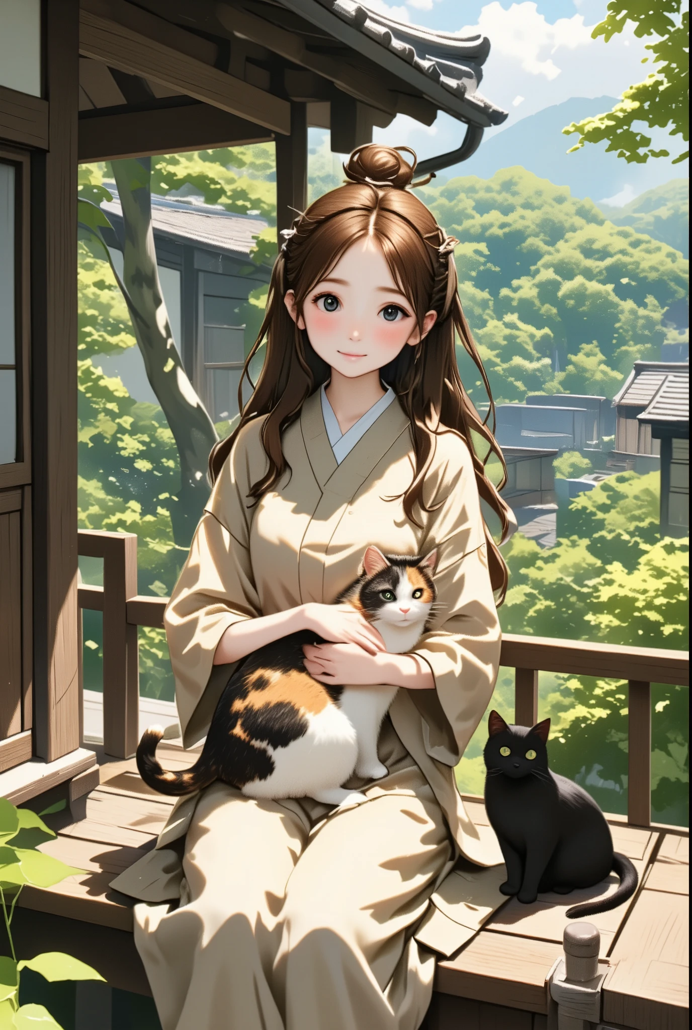 best quality、Girl holding a calico cat 、Balconyに座る女の子と三毛猫, cute girl、 bun hair with brown hair bundled together 、Black Cat、natureな見た目、Long Hit、nature、An old Japanese house 、Eaves、Balcony、