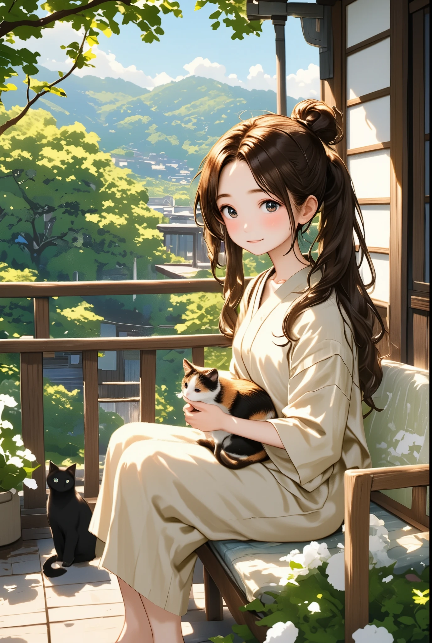 best quality、Girl holding a calico cat 、Balconyに座る女の子と三毛猫, cute girl、 bun hair with brown hair bundled together 、Black Cat、natureな見た目、Long Hit、nature、An old Japanese house 、Eaves、Balcony、