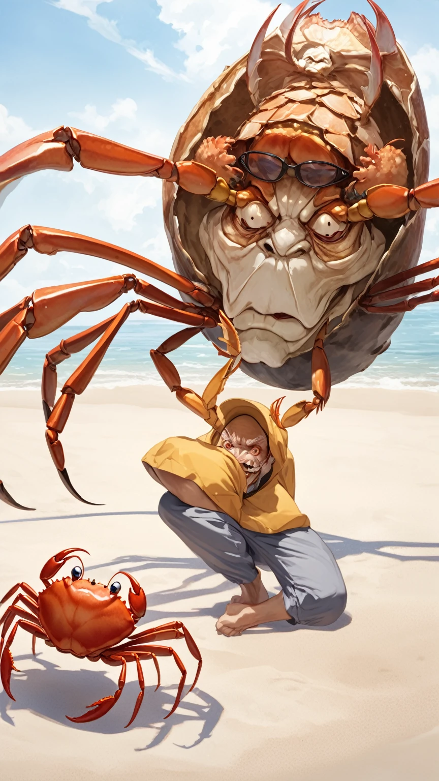 Crab man, human face on crab shell, waterside, intimidation