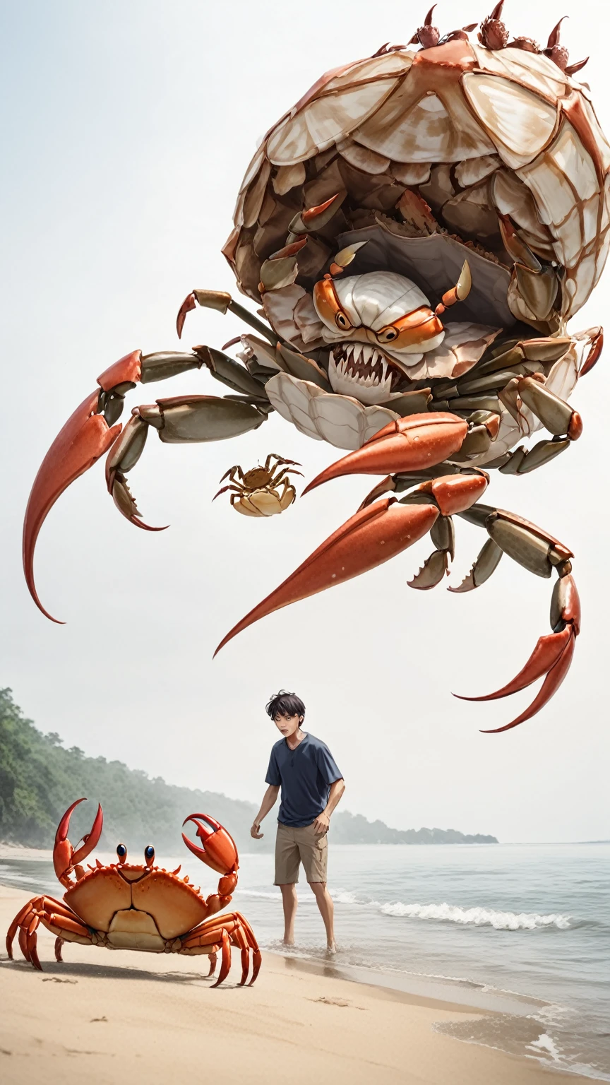 Crab man, human face on crab shell, waterside, intimidation