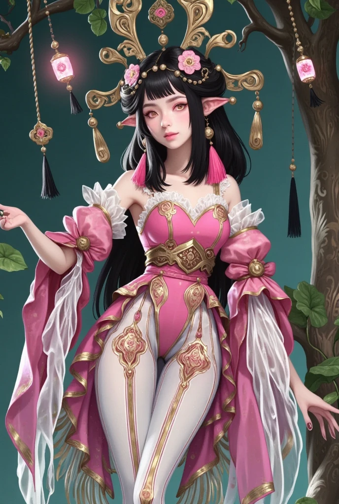 A beautiful elf in an elegant dress made of pink lotus flowers and green leaves stands on her feet with long, thin legs like slender trunks. She wears a crown shaped as delicate golden thorns, and she is standing gracefully in the middle of a swamp surrounded by lily pads. The sunlight shines through the trees, creating dappled light effects on the ground, in the style of Artgerm, Krenz Cushart, the artstation contest winner, in a fantasy art style, highly detailed, and with vibrant watercolor colors.