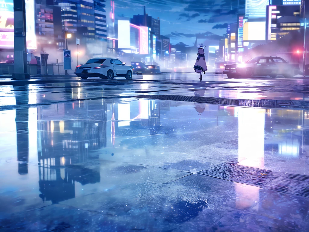 Walking through a wet intersection after the rain, the pavement glistening with reflections of the cloudy sky and surrounding city lights. Puddles on the ground mirror the environment, creating a peaceful and serene atmosphere as the cool mist lingers in the air, Momoi from Blue Archive