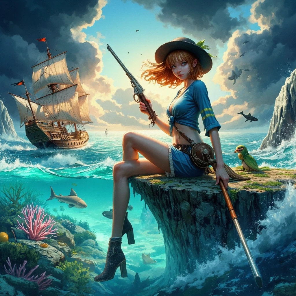 full-lenght portrait of a nami from one piece wearing a white and blue stripped t shirt and orange short skirt holding a fintlock pistol crossing split sea, the split sea from moses, random pose, (wet), translucent ocean, pirate sailboat, fish, coral, whale, shark, (darkest sky, thunder storm, realistic, beach, cloud, stone, scenery, wading, (devil island, floating_island), looking_at_viewer, air bubble, caustics, plant, scenery, shark, (surreal), wave, age_of_piracy