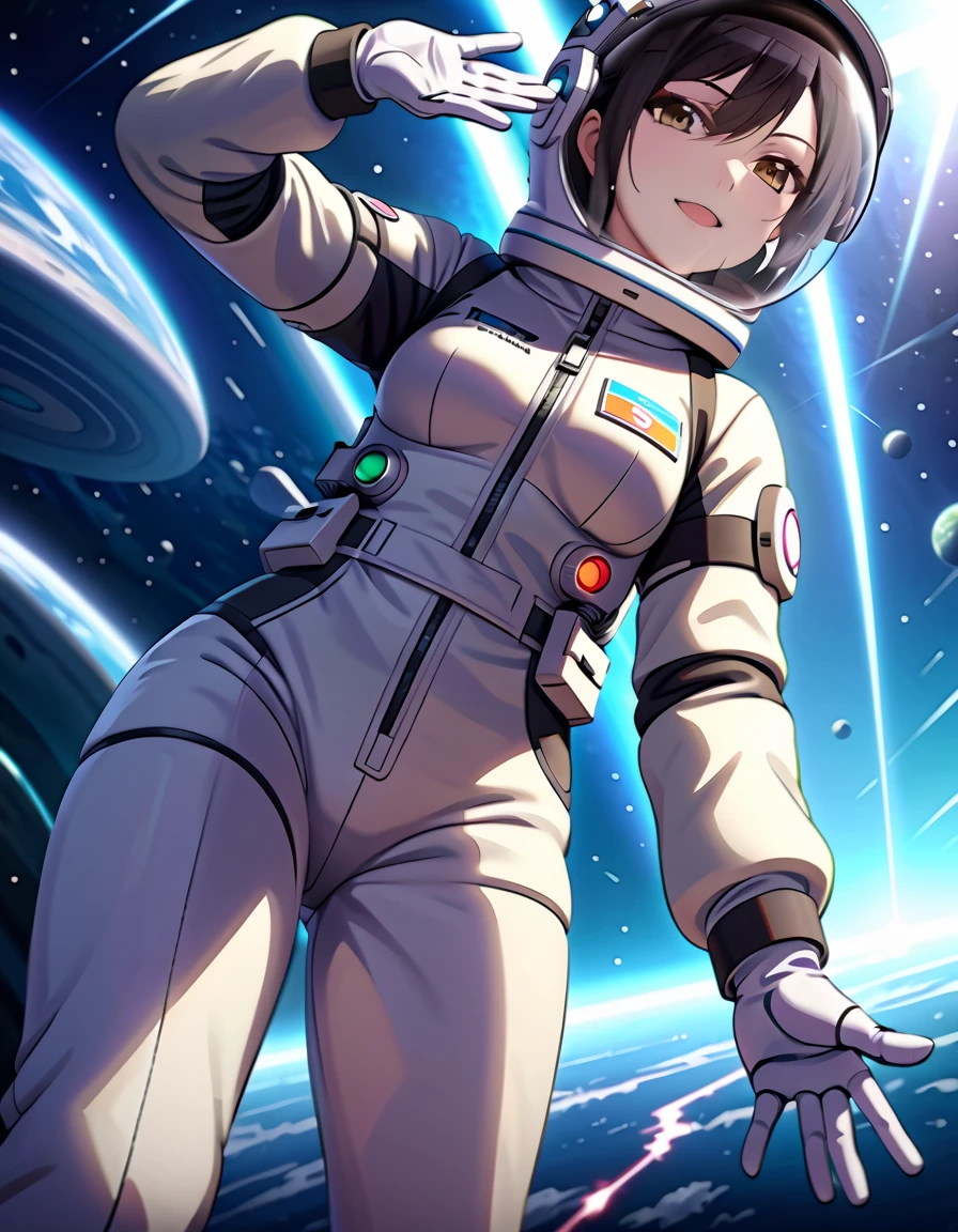 (spacesuit:1.15), white cargo pants, astronaut)bubble helmet, space helmet, white gloves , , looking close at you, outer space, floating, masterpiece, best quality, 1girl, beautiful,  image from below, solo, , shirase sakuya, srssky, black hair, straight hair, bangs, yellow eyes, large breasts, happy, difficulty breathing, saluting, fullbody