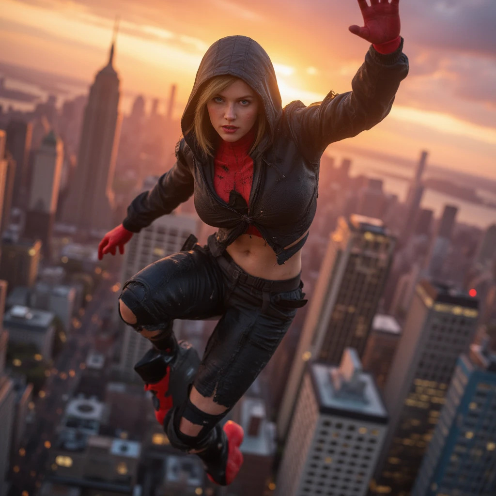 a woman floating through the air falling down over a cityscape, (looikng down view), spider gwen, wearing hood, (leaping pose), (gwen stacy), (blonde bob cut), (blue eyes), (torn ripped clothing:1.2), (half_naked), breasts_though_suit, (sexy), (sweat) , (medium_breasts), (full body) depth of field, sunset, (wounds) Negative prompt: (wearing_mask, cape:2), (****), (), (deformed:2), (worst cat:2), (worst_hands:2.5), (worst_face:2), paintings, sketches, (bad_anatomy:2.5), (worst quality:2), (low quality:2), (normal quality:2), lowres, normal quality, ((monochrome)), ((grayscale)), ((((skin spots, acnes, skin blemishes, age spot)))), (((water mark, username, signature, text))), (((extra fingers, extra legs, extra foot, missing body, missing face, missing arms, missing hands, missing fingers, missing legs, missing feet, missing toe, strange fingers, bad hands, fewer fingers, too much fingers, extra digit, fewer digits)))  -anime     V2   -anime ,    bad_prompt_version2 verybadimagenegative_v1.3 EasyNegative bad-artist-anime bad-hands-5