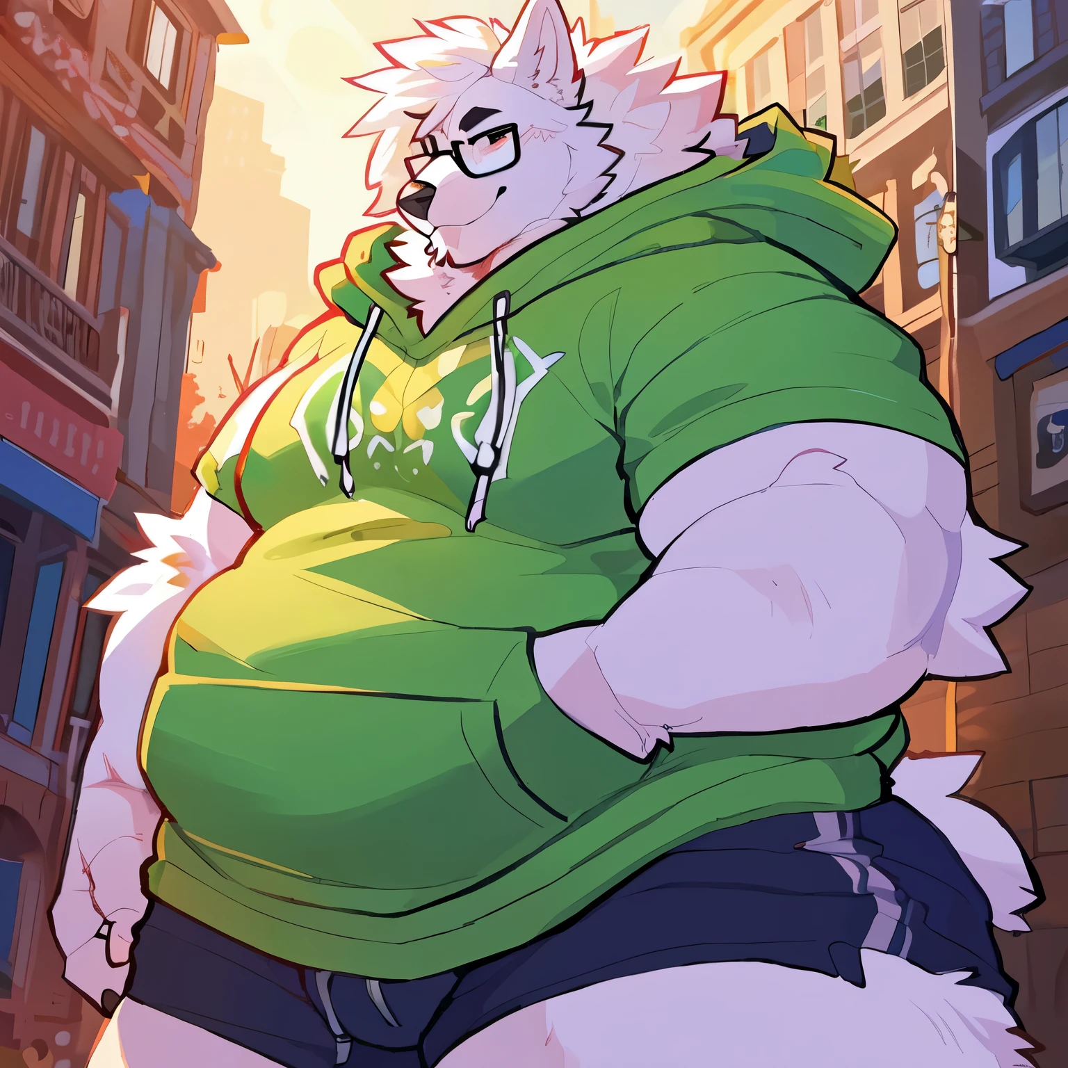 solo, male, 1 boy, fat, obese, rolls, thick thighs, massive thighs, big belly, rounded belly, massive belly, love handles, big pecs, rounded pecs, bulging pecs, massive pecs, big biceps, very extremely thick, plump, chubby, anthro, furry, white fur, wolf, floofy hair, eyes shut, blep, glasses, hoodie, hoodie pockets, shorts, by bigcozyorca, by Takemoto Arash, shading, good proportions, best quality, good quality, no background, standing, backlightning, masterpiece