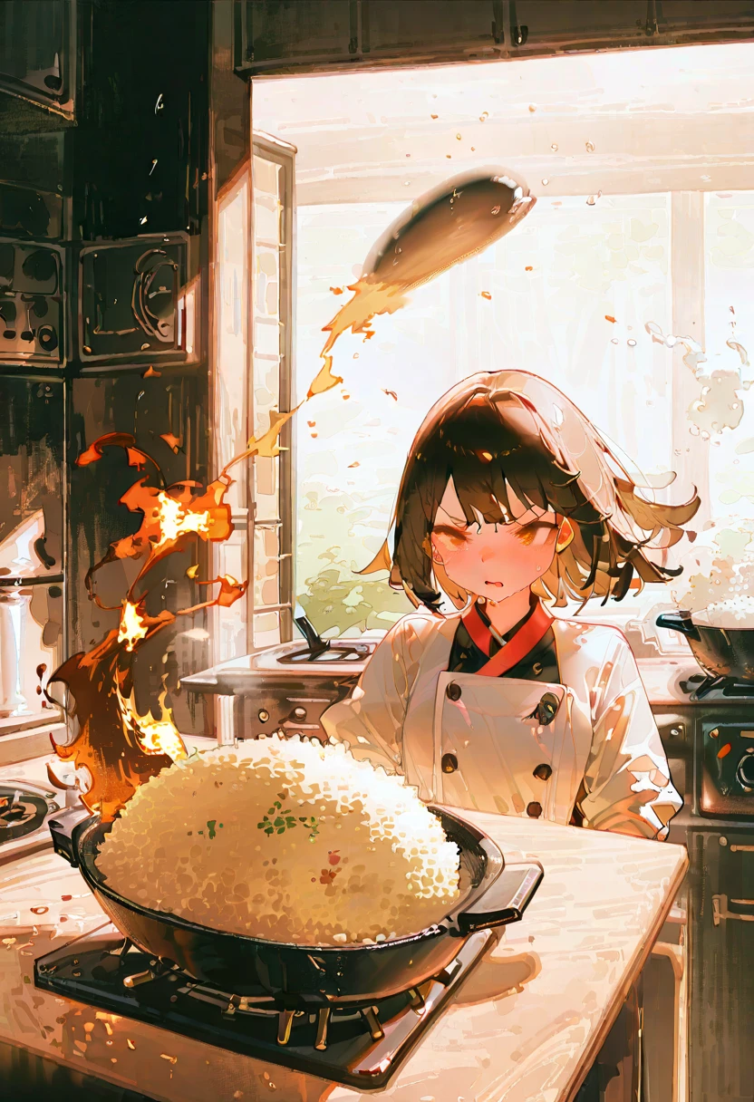 masterpiece, best quality, ultra detailed, score_9, score_8_up, score_7_up, score_6_up, score_5_up, score_4_up, 1girl, ((dynamic action)), ((tossing wok with fried rice)), (motion blur on flying rice:1.2), (professional chef uniform:1.1), Chinese restaurant kitchen, commercial kitchen background, (flames from wok stove:1.2), dramatic lighting from fire, (sweat drops:1.1), determined expression, focused eyes, beautiful face, stainless steel kitchen equipment, steam effects, (intense cooking atmosphere:1.2), multiple woks in background, (perfect anatomy:1.2), (intricate details:1.2)

drawn by chen bin:1.2, drawn by potg (piotegu):1.1, drawn by wenjun lin:1.0, nj (nlnj):1.2, nj (hanj):1.1, nj (tknj):1.0, strong lighting:1.15

