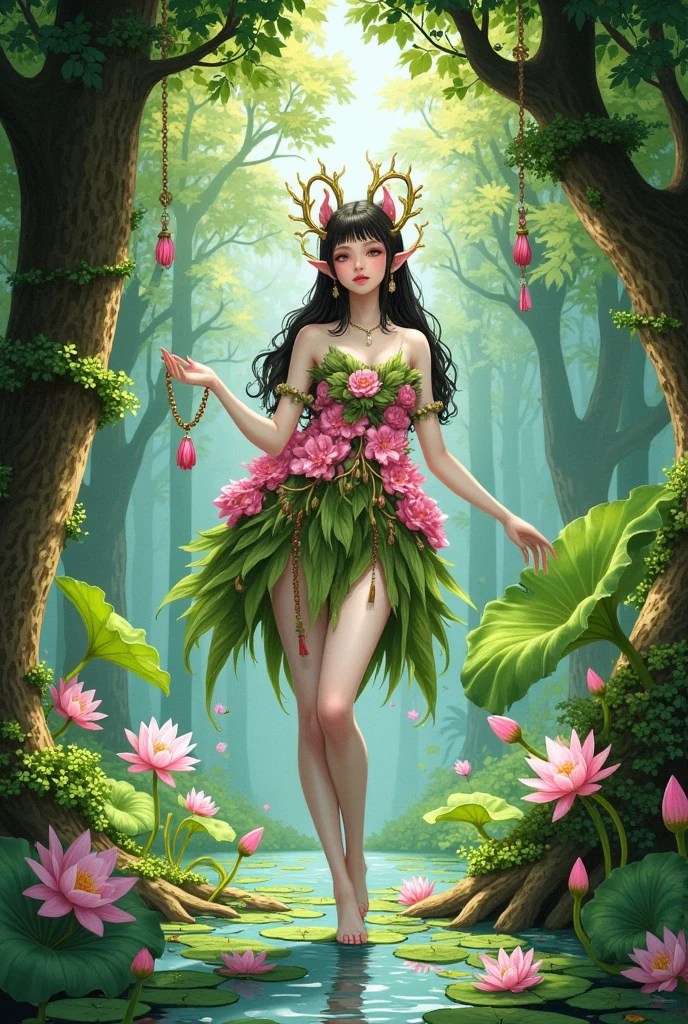 A beautiful elf in an elegant dress made of pink lotus flowers and green leaves stands on her feet with long, thin legs like slender trunks. She wears a crown shaped as delicate golden thorns, and she is standing gracefully in the middle of a swamp surrounded by lily pads. The sunlight shines through the trees, creating dappled light effects on the ground, in the style of Artgerm, Krenz Cushart, the artstation contest winner, in a fantasy art style, highly detailed, and with vibrant watercolor colors.