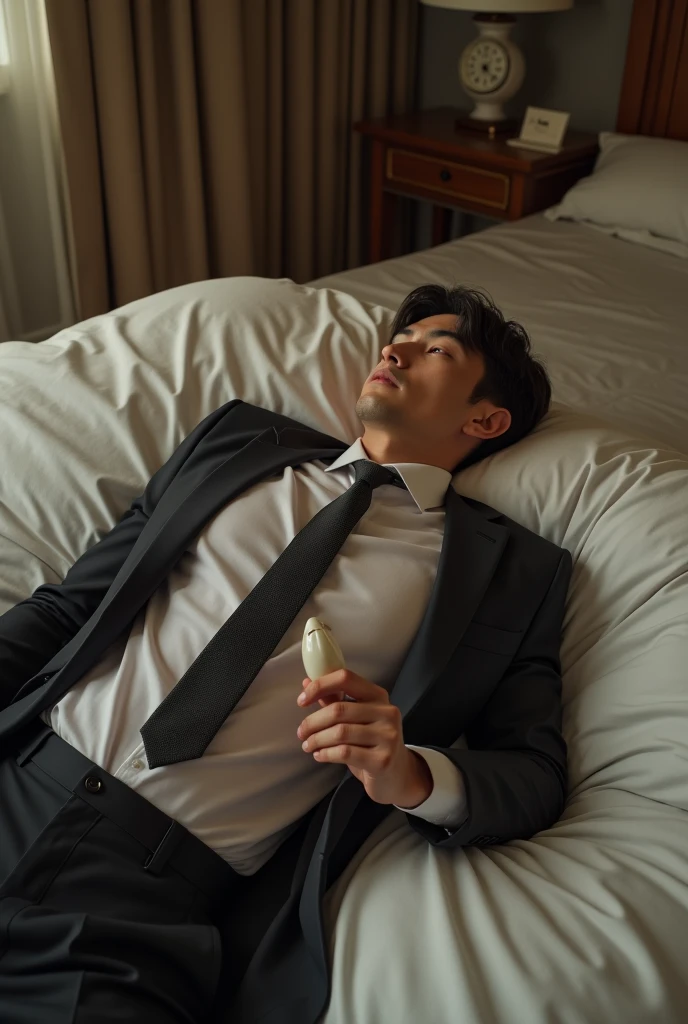 Drunk man with eyes closed and unconscious、Black suit、50 years old、Black Hair、Short Hair、Handsome、Asian Face、Spreading her legs、Socks are black