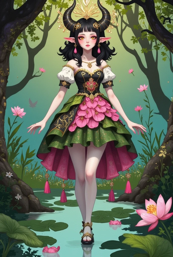 A beautiful elf in an elegant dress made of pink lotus flowers and green leaves stands on her feet with long, thin legs like slender trunks. She wears a crown shaped as delicate golden thorns, and she is standing gracefully in the middle of a swamp surrounded by lily pads. The sunlight shines through the trees, creating dappled light effects on the ground, in the style of Artgerm, Krenz Cushart, the artstation contest winner, in a fantasy art style, highly detailed, and with vibrant watercolor colors.