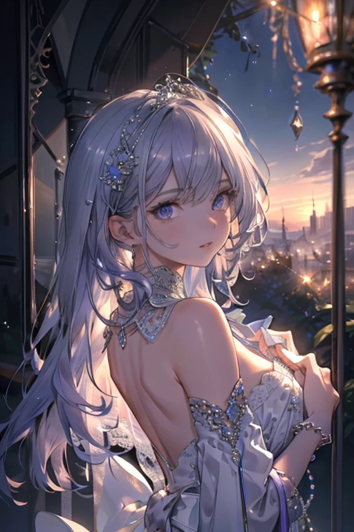 Best quality, highly detailed, masterpiece, ultra detailed, (reality: 1.2), 1 girl, (white background), simple background, delicate eyes, silver hair, purple eyes, hair_ornament, (white off-the-shoulder shirt: 1.3), long hair, pointy_ears, crown_braid, expressionless, straight hair, (++ sitting: 1.2), room,