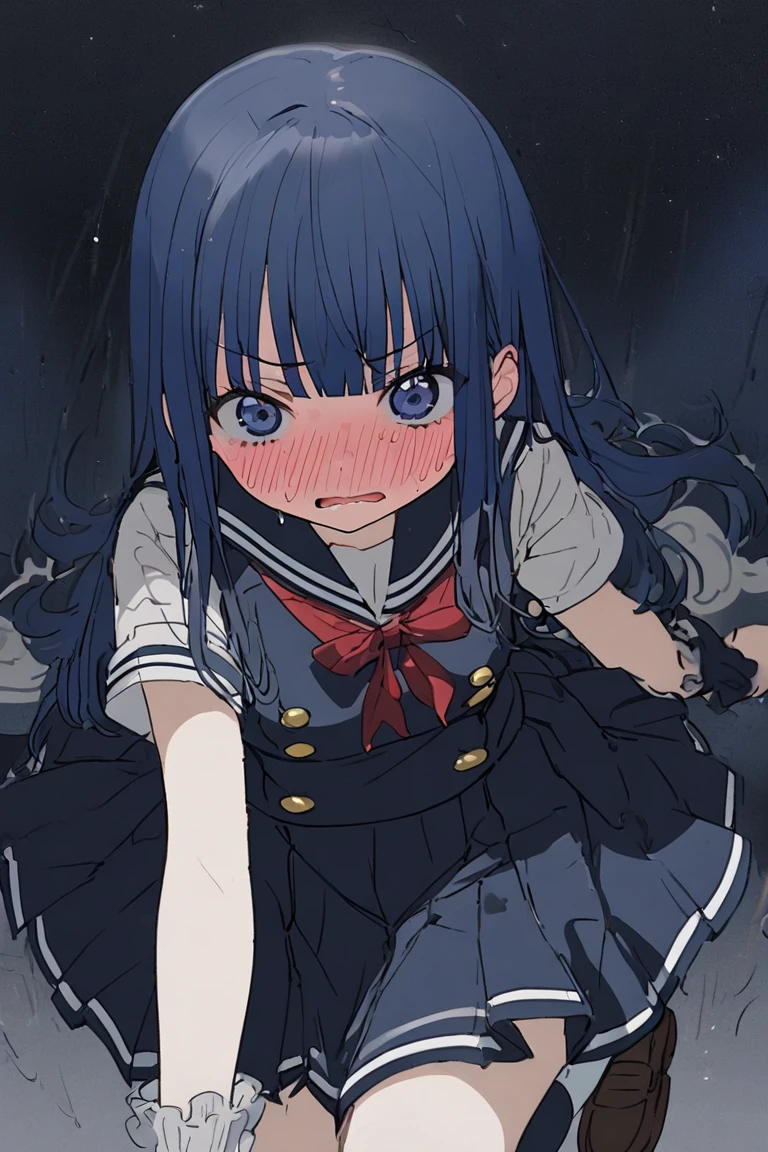 (1 girl, straight hair),
(they come at you),
(face is embarrassed look), 
(piping school swimsuit navy one piece), 
(high socks navy:1.2), 
(wear a navy blue sailor uniform), 
loafers, 
(pleated skirt navy), 
(at night),
(close up)