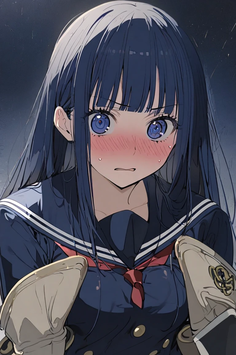 (1 girl, straight hair),
(they come at you),
(face is embarrassed look), 
(piping school swimsuit navy one piece), 
(high socks navy:1.2), 
(wear a navy blue sailor uniform), 
loafers, 
(pleated skirt navy), 
(at night),
(close up)