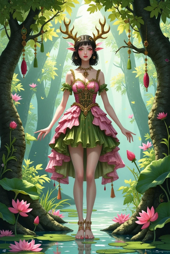 A beautiful elf in an elegant dress made of pink lotus flowers and green leaves stands on her feet with long, thin legs like slender trunks. She wears a crown shaped as delicate golden thorns, and she is standing gracefully in the middle of a swamp surrounded by lily pads. The sunlight shines through the trees, creating dappled light effects on the ground, in the style of Artgerm, Krenz Cushart, the artstation contest winner, in a fantasy art style, highly detailed, and with vibrant watercolor colors. 