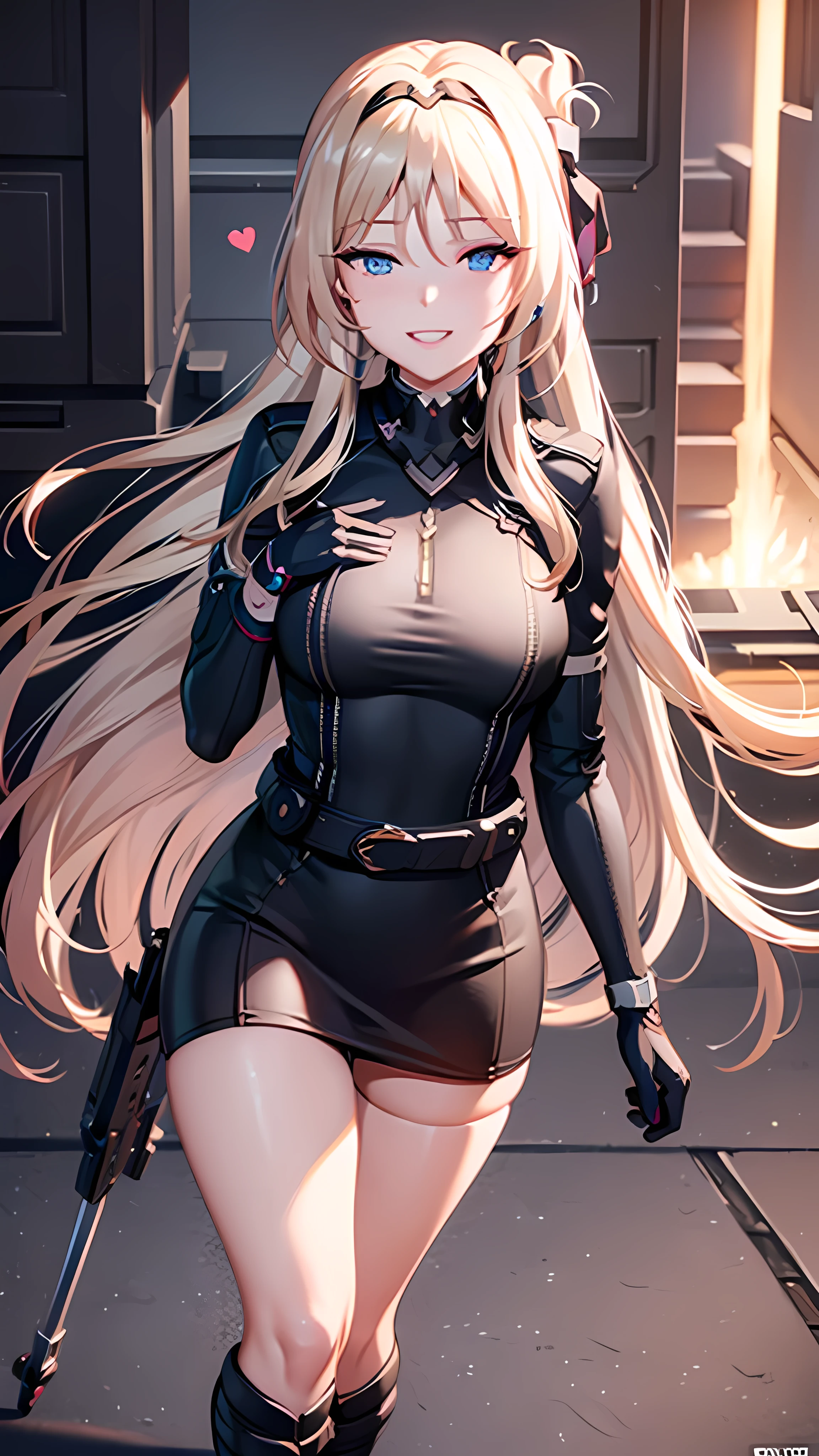 (extremely detailed CG unity 8k wallpaper), the most beautiful artwork in the world, 1girl, full body, detailed eyes, smug, smile opened, heart eyes, big breast, teeth, walking, holding weapon