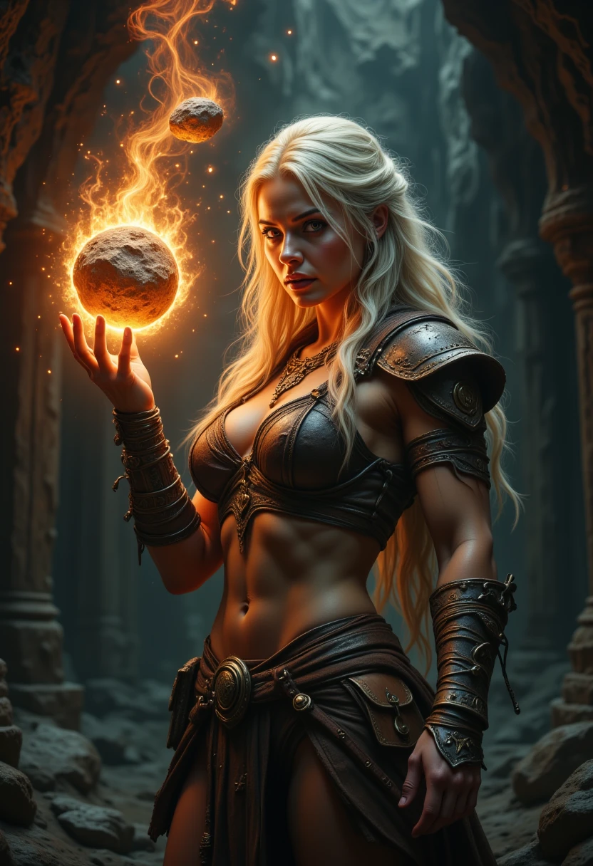 Magic style, nightmare, high definition, extremely detailed, 
masterpiece, photo realistic,
This is a highly detailed digital painting in a fantasy art style depicting a female warrior with a fierce expression. 
She has long, flowing platinum blonde hair cascading down her back and shoulders. 
a burning meteorite from her hand towards the viewer.
Her attire is a combination of leather and metal, emphasizing her muscular yet curvaceous physique. 
She wears a bronze-colored, intricate chest armor that covers her breasts, leaving her midriff bare. 
Her arms are adorned with leather bracers and metallic arm guards, and she has a similar pattern on her legs, with a loincloth made of tattered leather and metal accents. 
Around her waist, she has a belt with various pouches. 
The background is a blend of dark and warm tones, giving an impression of a dimly lit, ancient setting, possibly a cave or a medieval fortress. 
The overall mood is one of strength, power, and mystique.