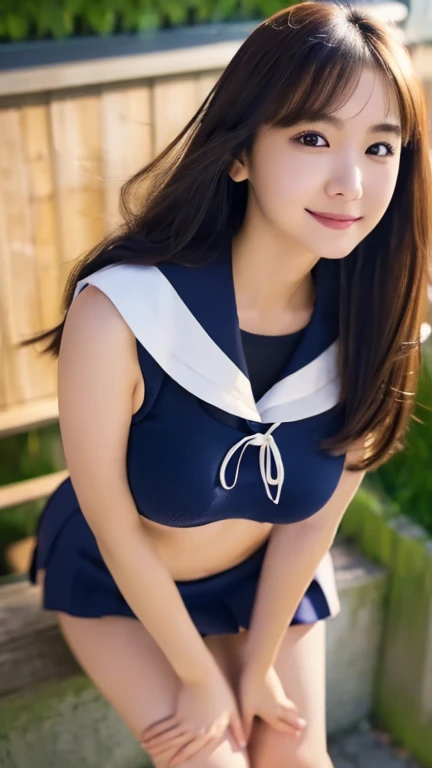 16k, RAW Photos, photorealistic showing the subject from directly above,(Realistic:1.3), Ultra High Definition,(HYPER DETAILED SKIN :1.2), HYPER DETAILED HAIR,whole body, Dynamic Angle ,  1 girl,Super beautiful face ,Big Breasts, big hips,Curvy, sailor suit,  miniskirt that snaps around the knee, detailed background,classroom,