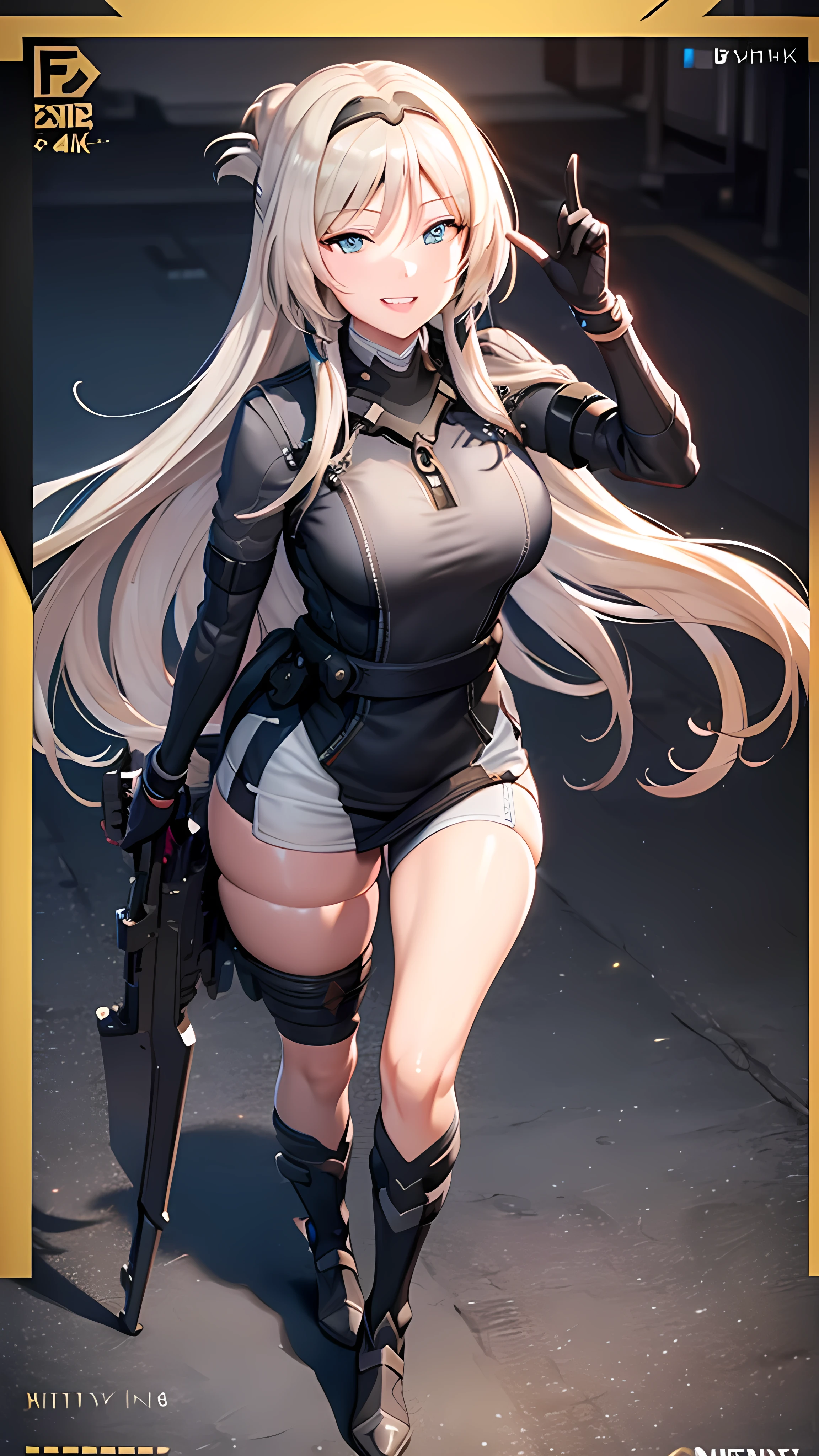 (extremely detailed CG unity 8k wallpaper), the most beautiful artwork in the world, 1girl, full body, detailed eyes, smug, smile opened, heart eyes, big breast, teeth, walking, holding weapon, an-94