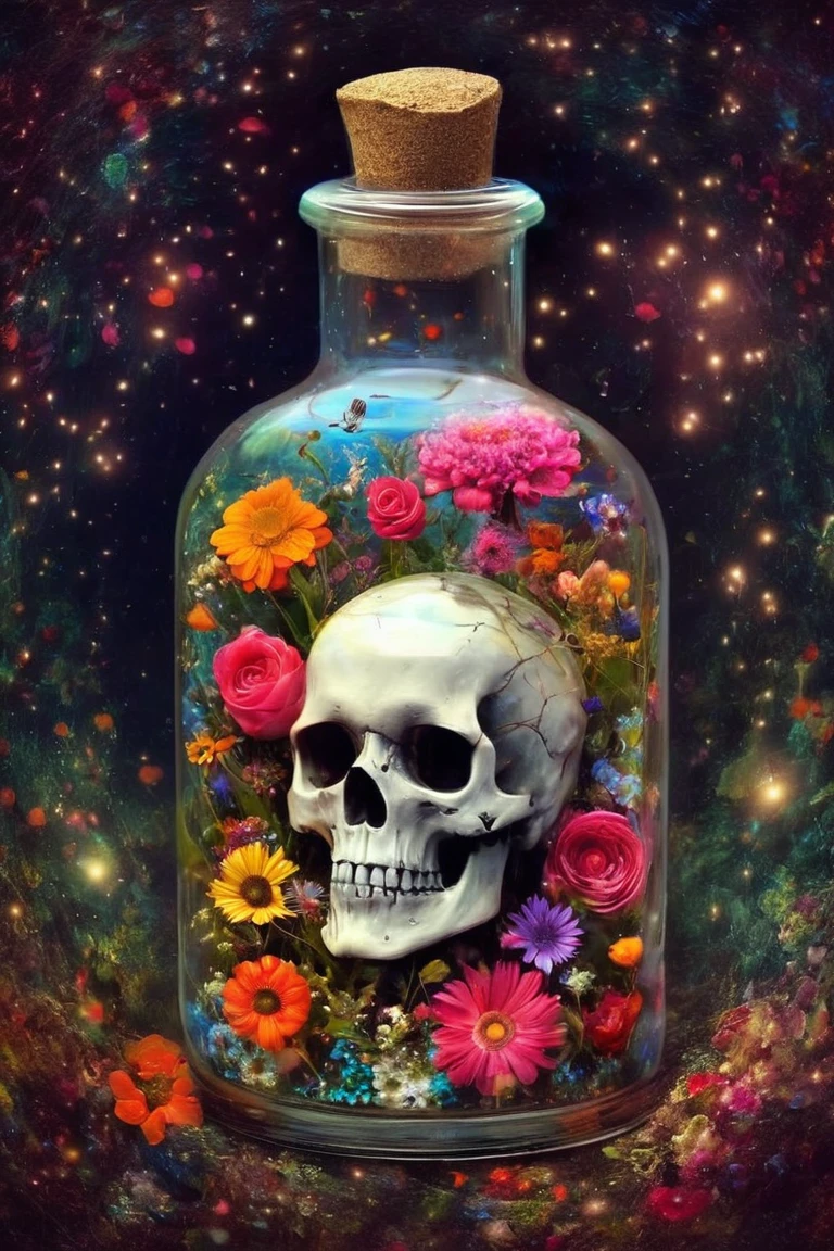  there is a bottle with a skull and lots of colorful flowers inside, Ren Bonian ,  instagram, Empty heart,  Head in a Glass Jar , hauntingly Beautiful art, Creepy art,  Profile Picture ture,  Amazing Art , Surreal Dark Art, Memento Mori , Beautiful art, Beautiful artwork, Amazing art,  Dream Scenery in a Bottle ,  dark surreal art ,  Profile Picture 