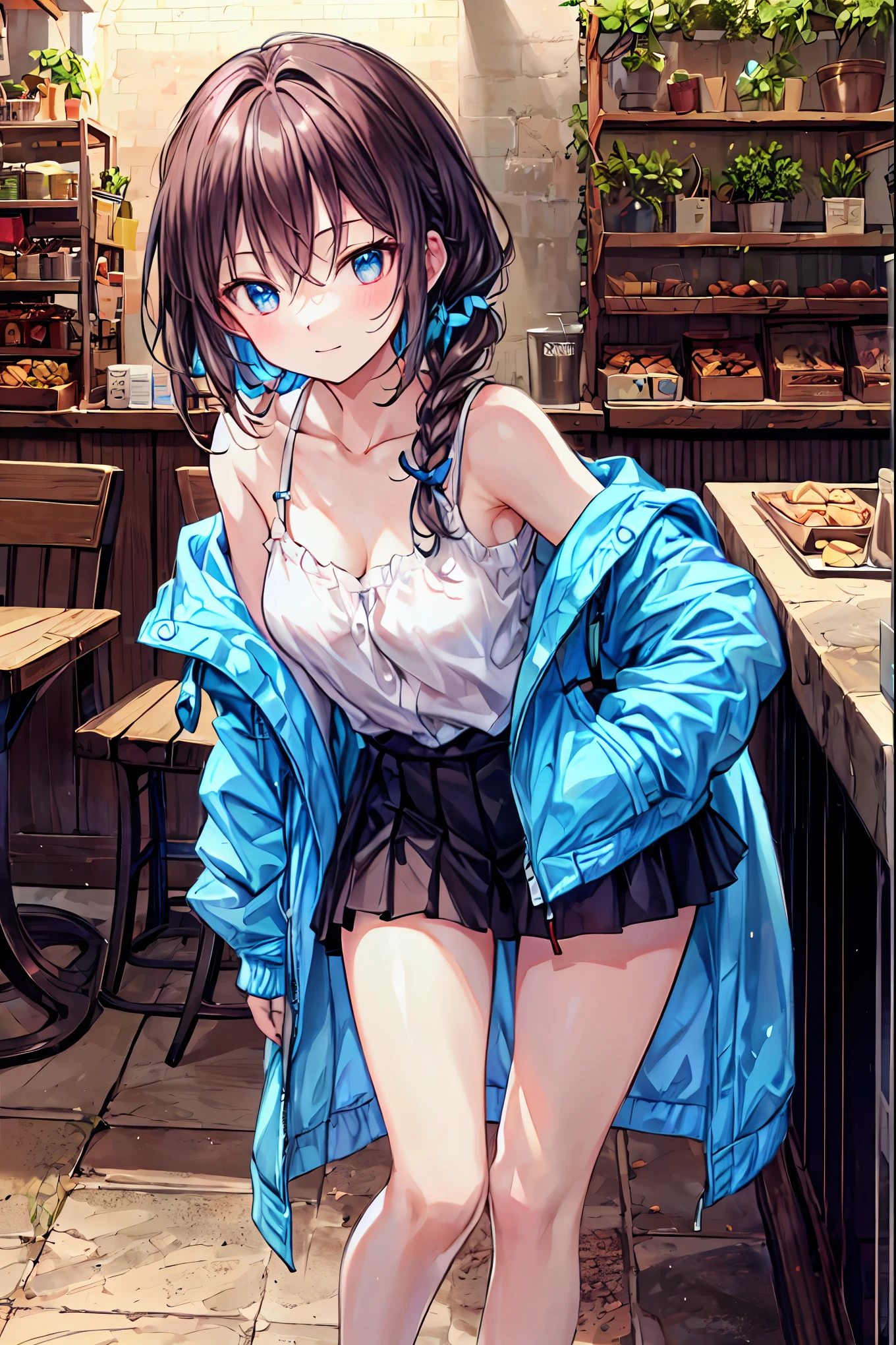 The body is eight times longer than the head, ( High Definition CG Unity 8K ), ( best quality),( very detailed),(masterpiece, best quality:1.2), 18 years old, Very Beautiful Girl, Alone, Coffee shop with a happy expression looking at the camera , Accurate Face, She is relaxed, large jacket , mini skirt that snaps around the knee, sneakers., aromatic coffee, whole body, simple background, , review, shortcut , Disheveled Hair, Short Braided Hair ,Neat, Slender Beauty ,Correct posture, small breasts, beautiful legs, My enchanting gray-blue eyes are shining like stars,Droopy eyes, bright color , beautiful eyes ,A delicate smile,textured skin, best quality best , a parody of a gentle and beautiful woman , Anime Style、