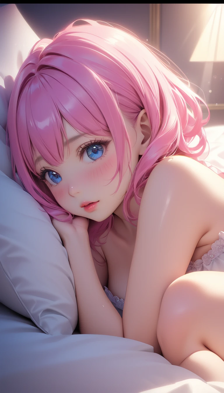 (best quality,4k,8k,highres,masterpiece:1.2),ultra-detailed,(realistic,photorealistic,photo-realistic:1.37),1girl,,small breasts,small butt,short stature,on knees,looking up,penises in mouth,bedroom,nude,pink hair,childlike face,semen on face