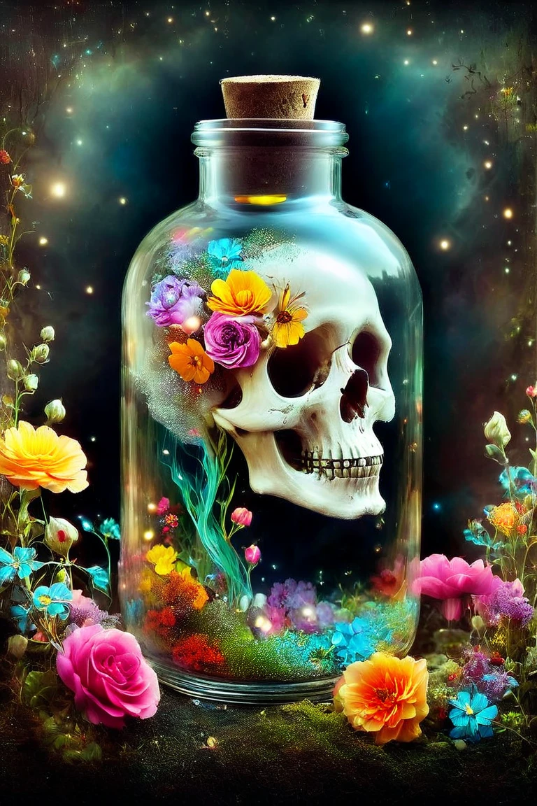  there is a bottle with a skull and lots of colorful flowers inside, Ren Bonian ,  instagram, Empty heart,  Head in a Glass Jar , hauntingly Beautiful art, Creepy art,  Profile Picture ture,  Amazing Art , Surreal Dark Art, Memento Mori , Beautiful art, Beautiful artwork, Amazing art,  Dream Scenery in a Bottle ,  dark surreal art ,  Profile Picture 