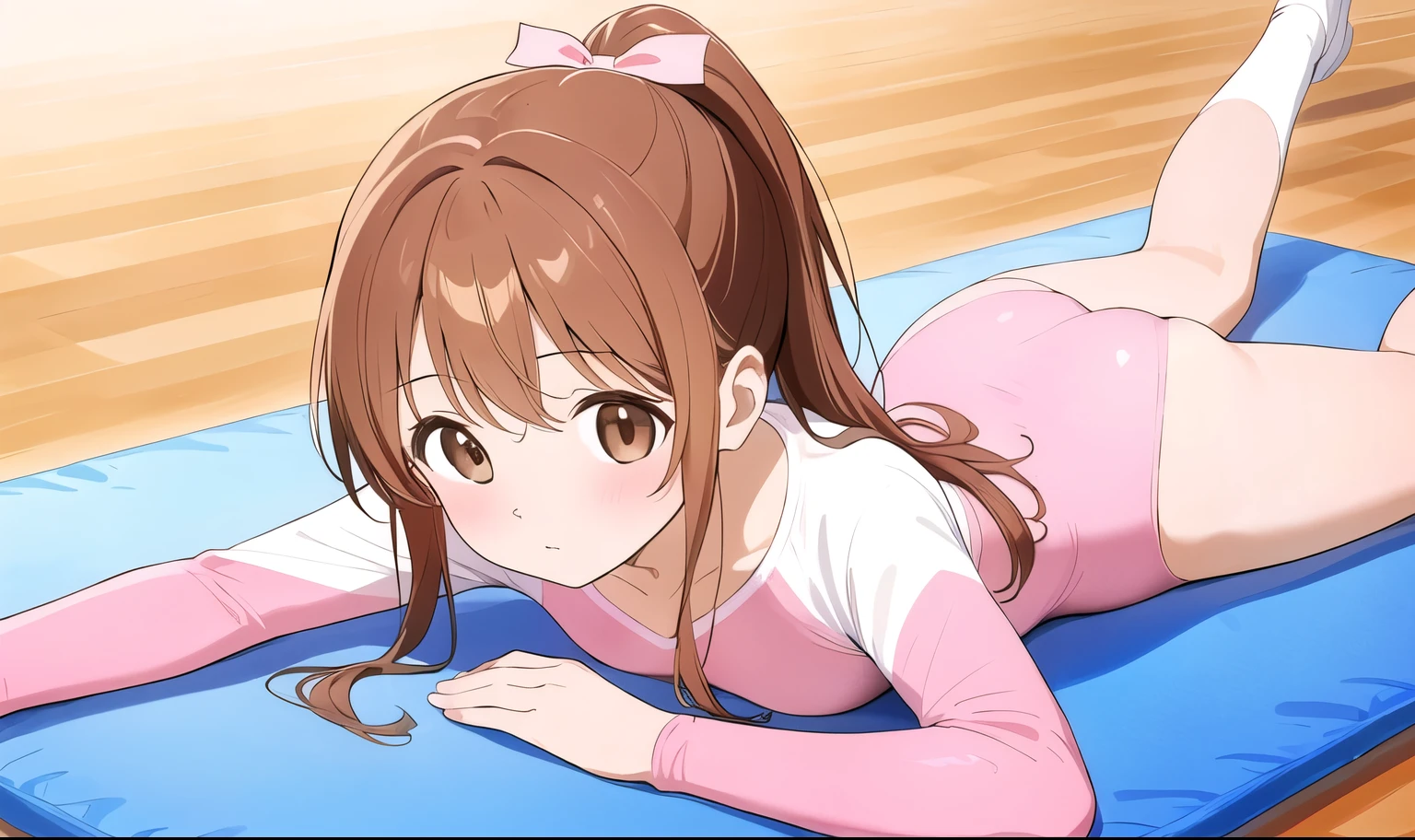 a picture of a girls gymnastics club cartoon character laying on a mat in white underwear, 1girl, solo, pink leotard, wooden floor, leotard, brown hair, athletic leotard, brown eyes, ponytail, long hair, lying, blush, ass, looking at viewer, gymnastics, on stomach, bangs