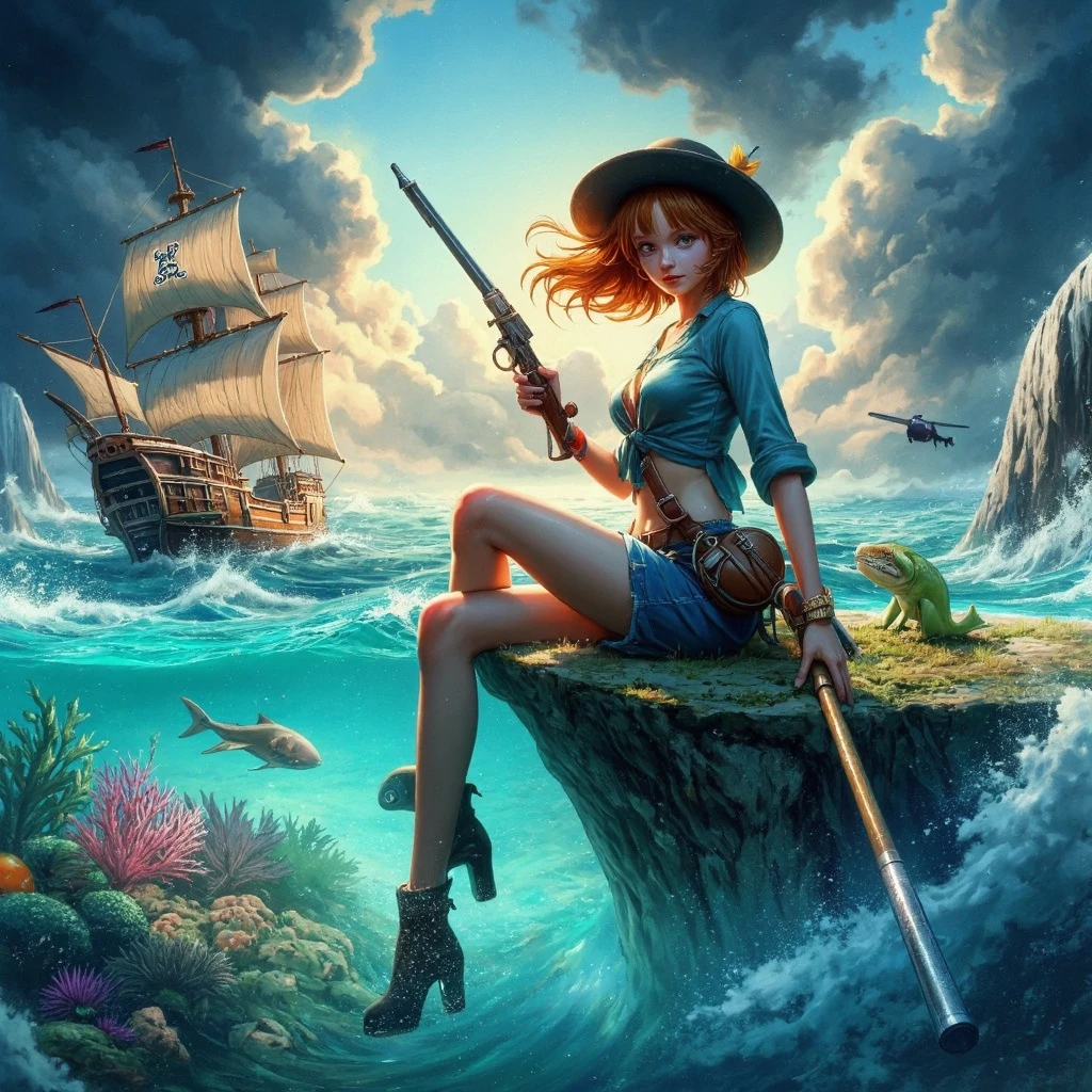 full-lenght portrait of a nami from one piece wearing a white and blue stripped t shirt and orange short skirt holding a fintlock pistol crossing split sea, the split sea from moses, random pose, (wet), translucent ocean, pirate sailboat, fish, coral, whale, shark, (darkest sky, thunder storm, realistic, beach, cloud, stone, scenery, wading, (devil island, floating_island), looking_at_viewer, air bubble, caustics, plant, scenery, shark, (surreal), wave, age_of_piracy