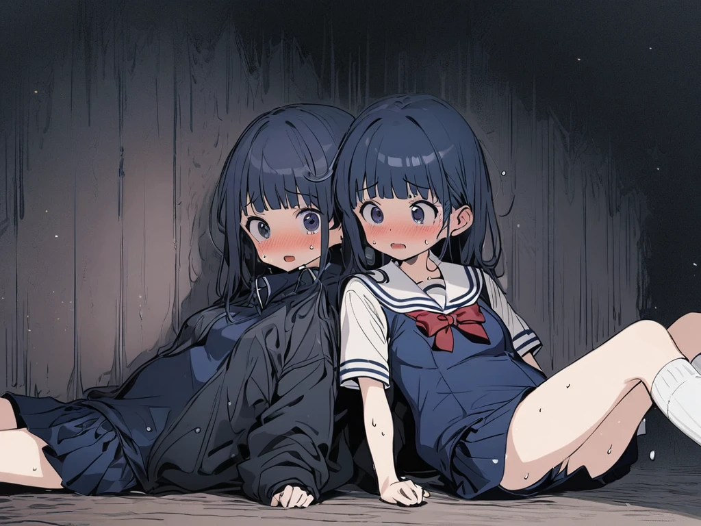 (two girls), (hug from behind and the girl in the back puts her hands inside the clothes of the girl in front), (sitting on the ground and spread your legs and open your crotch), (school swimsuit navy one piece), (high socks navy), (full body sweat buckets), (sailor collar only navy blue), loafers, (pleated skirt navy), (face is embarrassed look), (in the park at night)