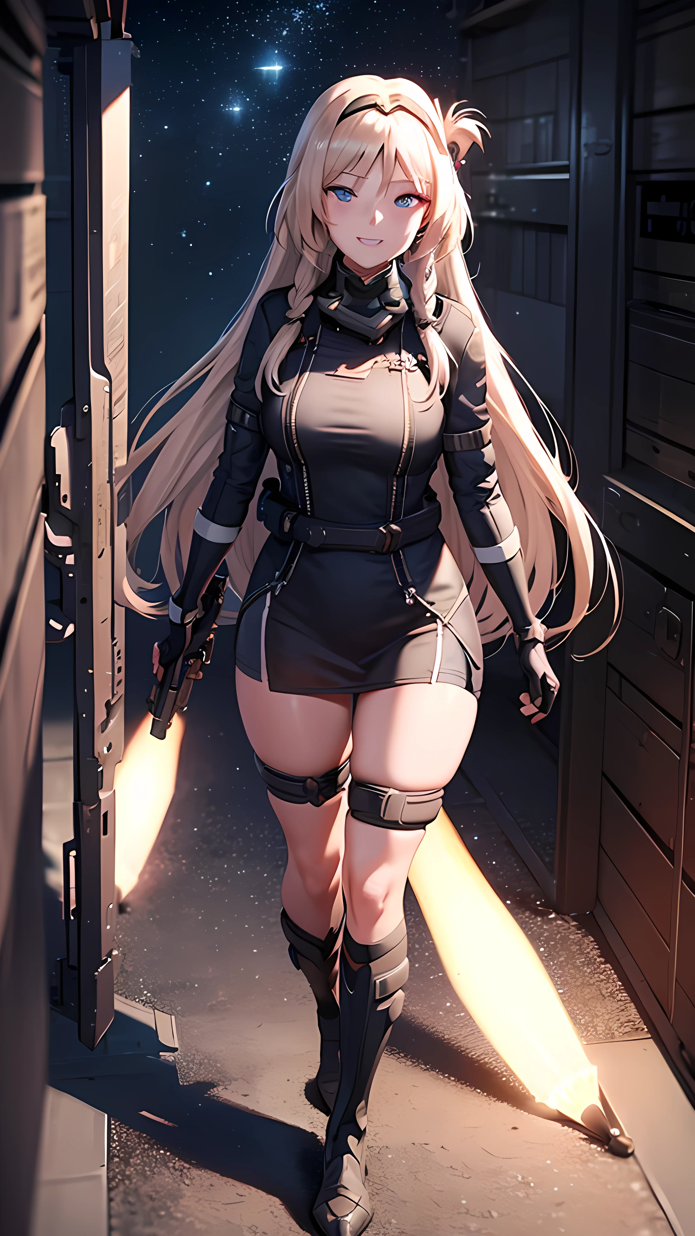 (extremely detailed CG unity 8k wallpaper), the most beautiful artwork in the world, 1girl, full body, detailed eyes, smug, smile opened, heart eyes, big breast, teeth, walking, holding weapon, an-94, rocket launcher, blood at the face