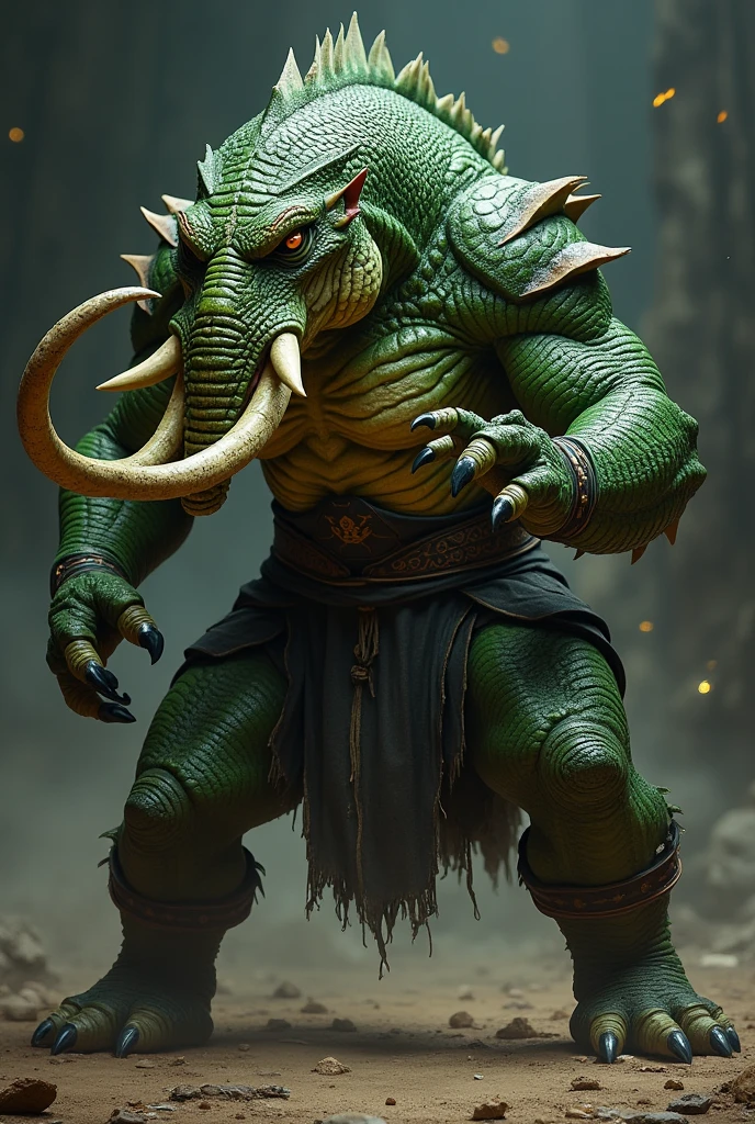 A corpulent man with an imposing presence. Although it maintains some animal characteristics, such as prominent fangs and subtle scales on their skin, These are stylized to give it an exotic and powerful air rather than repulsive.. She has emerald green skin with golden undertones., intensely bright eyes that reflect wisdom and mystery. Wear an outfit that mixes traditional elements with details of nature, such as a leather cape adorned with jungle elements and a belt with ancient runes.
