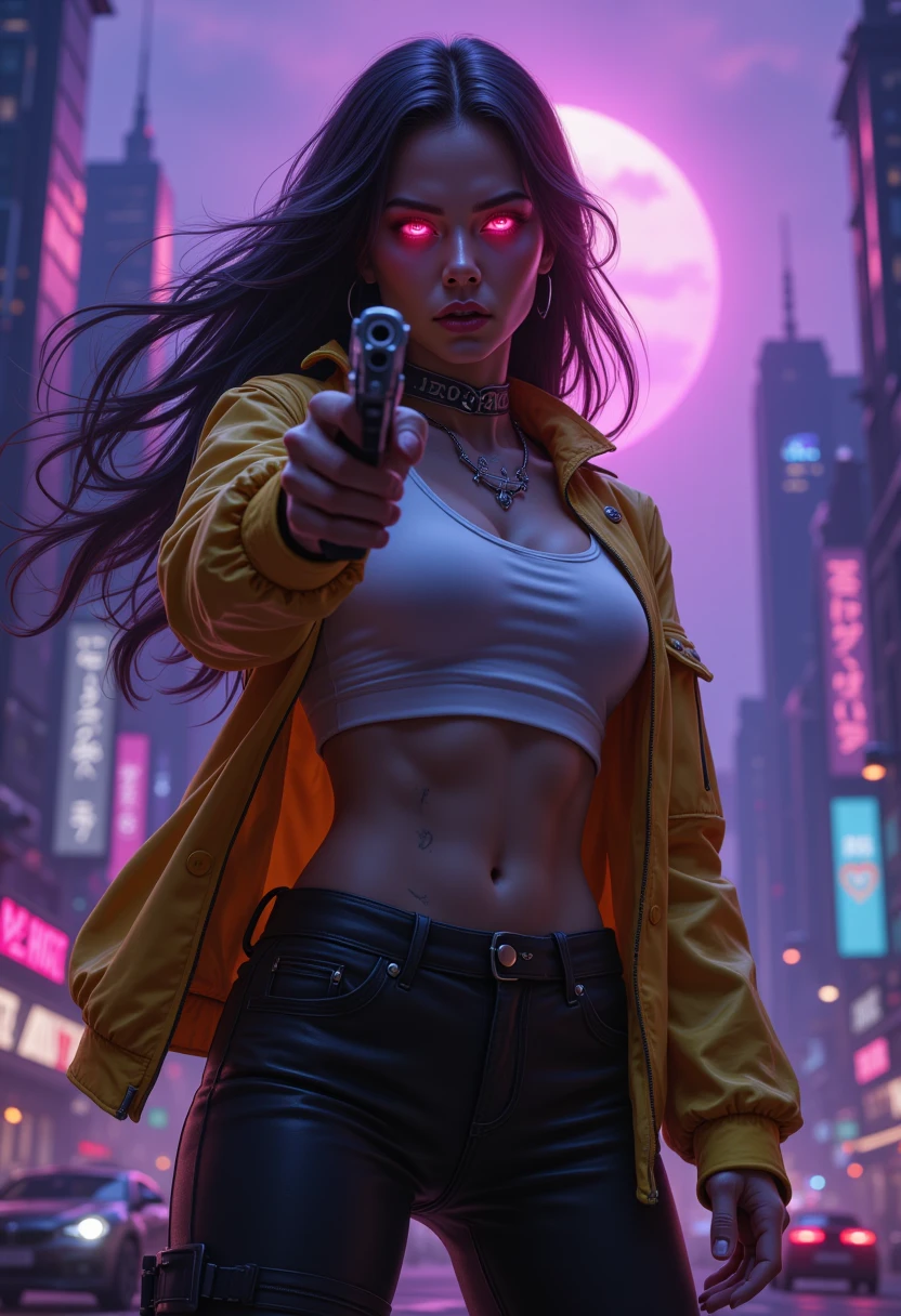 Magic style, nightmare, girl, semi-realistic, cinematic lighting, volumetric lighting, ray tracing, shiny glossy skin, soft lighting, realistic skin, bloom effect,
Beautiful girl, beautiful face, cyberpunk city, purple sunset, low angle view, female gangster, yellow jacket, white crop top, holding gun pointed forward, long black hair blowing in the wind, neon lights reflecting in eyes, glowing elements of neck tattoo, foggy atmosphere, flying cars in background, holographic billboards, metal implants on temples, delicate facial features, confident look, thin waist, huge skyscraper visible behind.