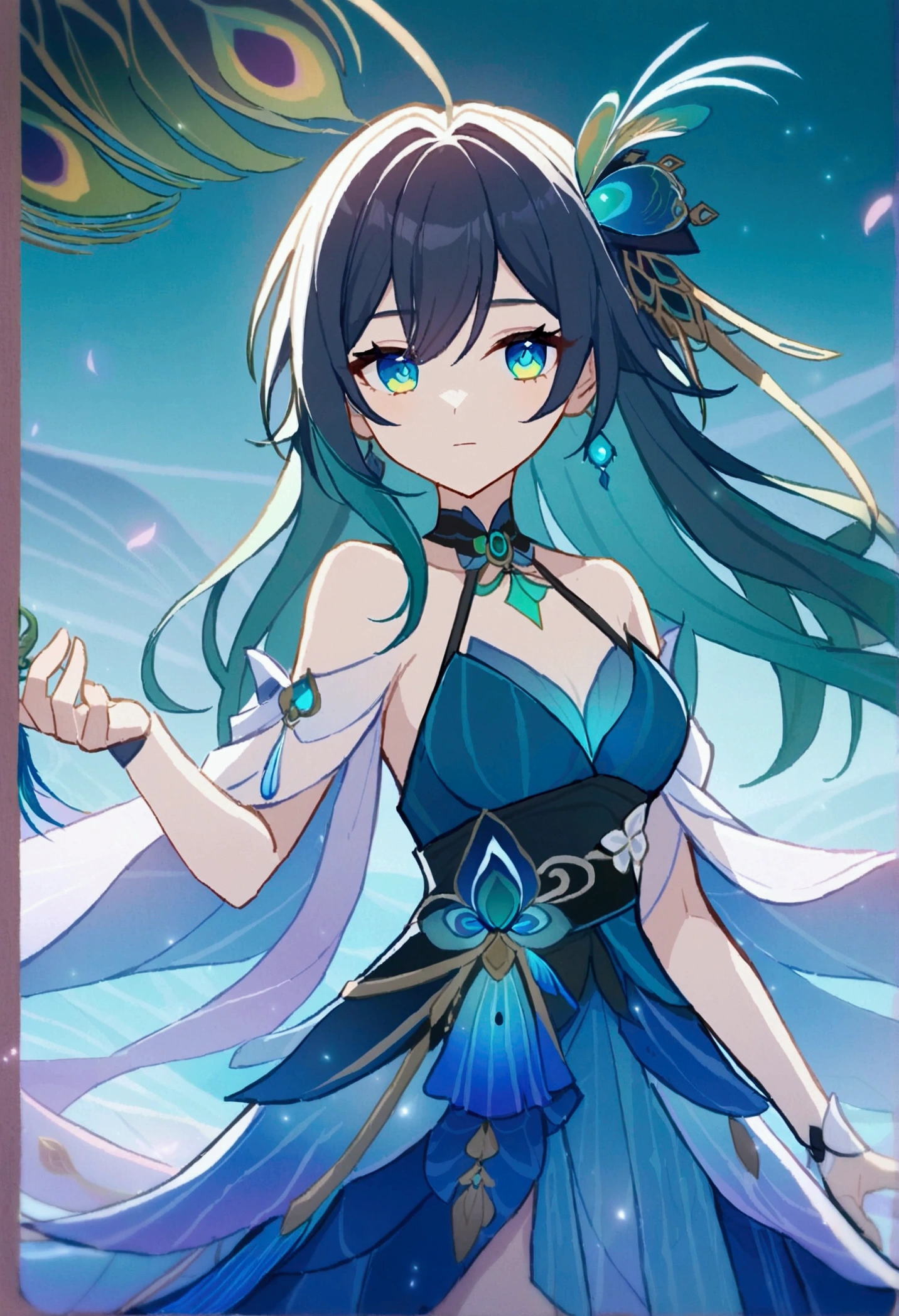 A Honkai Star Rail character, 22 years-old, woman, long straight dark blue and green hair, hair tied loosely at the ends , asymetric fringe, blue eyes with green pupil, she wears a long cocktail blue dress with peacock feathers. She wears a feather peacock hairpin. Background mystic lake.