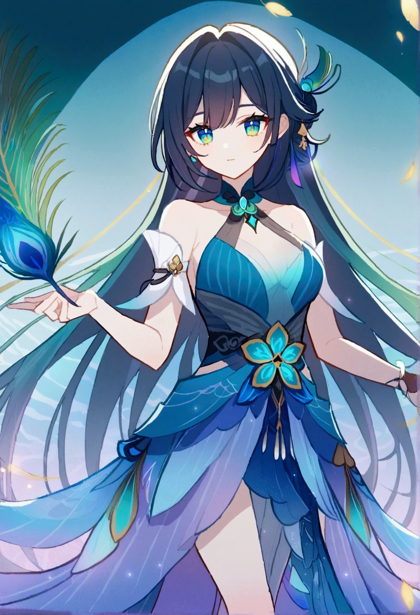 A Honkai Star Rail character, 22 years-old, woman, long straight dark blue and green hair, hair tied loosely at the ends , asymetric fringe, blue eyes with green pupil, she wears a long cocktail blue dress with peacock feathers. She wears a feather peacock hairpin. Background mystic lake.