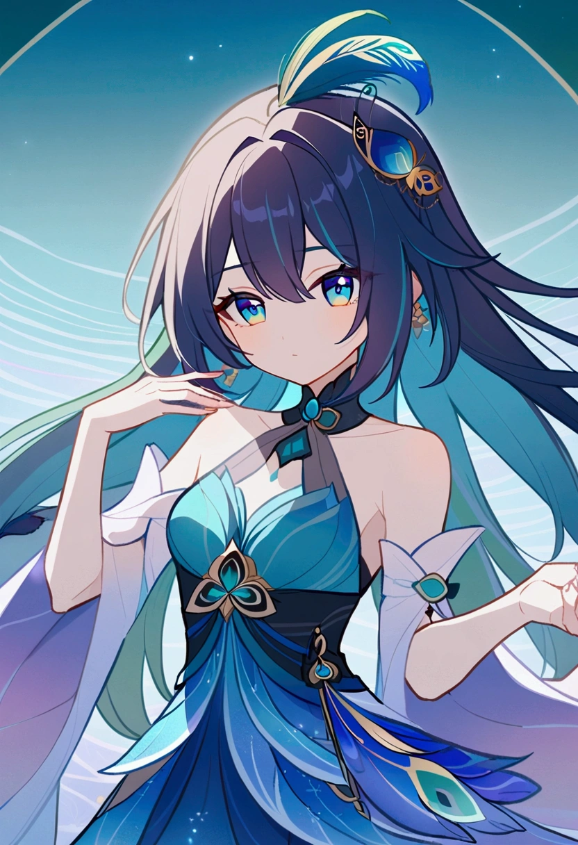 A Honkai Star Rail character, 22 years-old, woman, long straight dark blue and green hair, hair tied loosely at the ends , asymetric fringe, blue eyes with green pupil, she wears a long cocktail blue dress with peacock feathers. She wears a feather peacock hairpin. Background mystic lake.