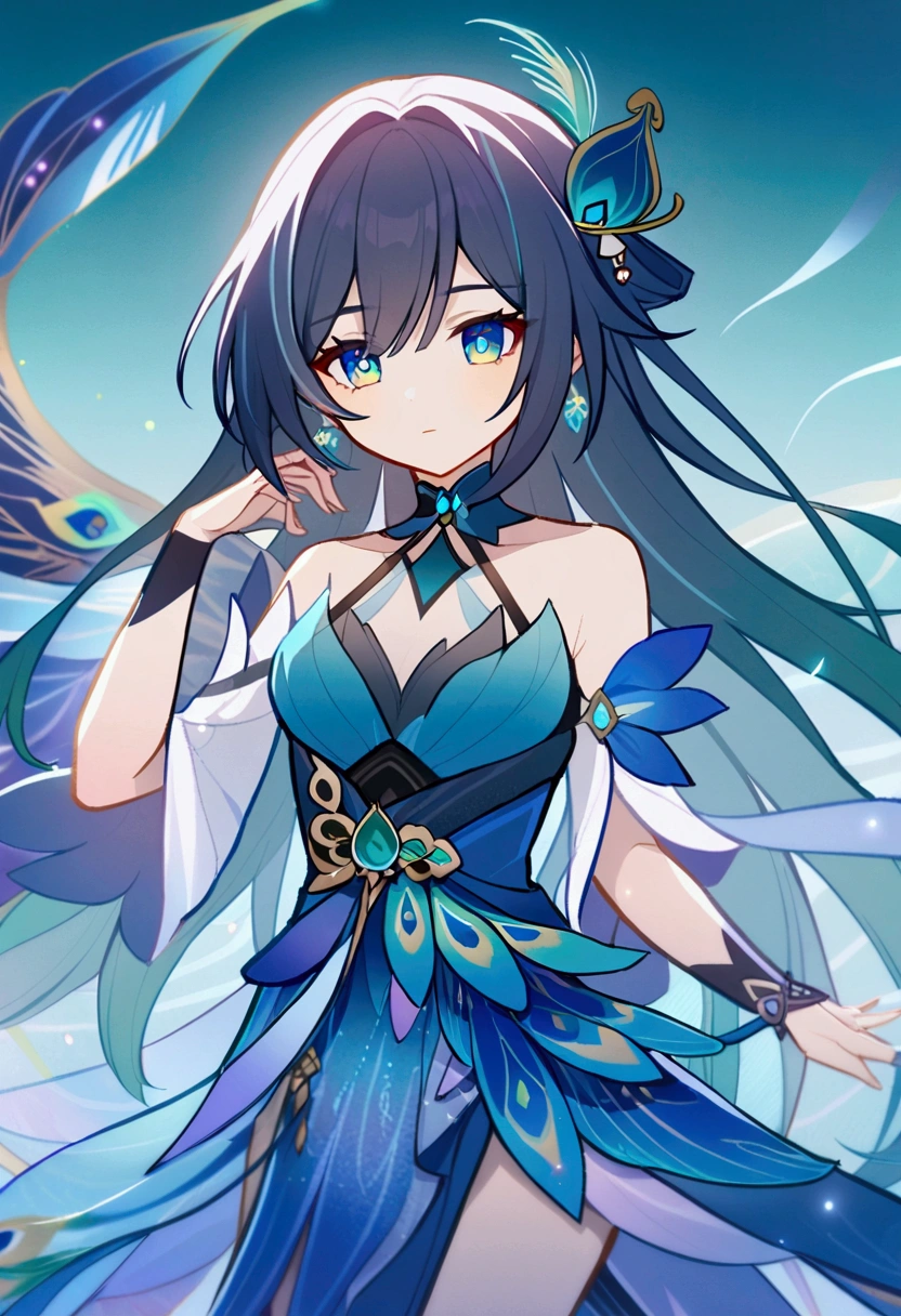 A Honkai Star Rail character, 22 years-old, woman, long straight dark blue and green hair, hair tied loosely at the ends , asymetric fringe, blue eyes with green pupil, she wears a long cocktail blue dress with peacock feathers. She wears a feather peacock hairpin. Background mystic lake.