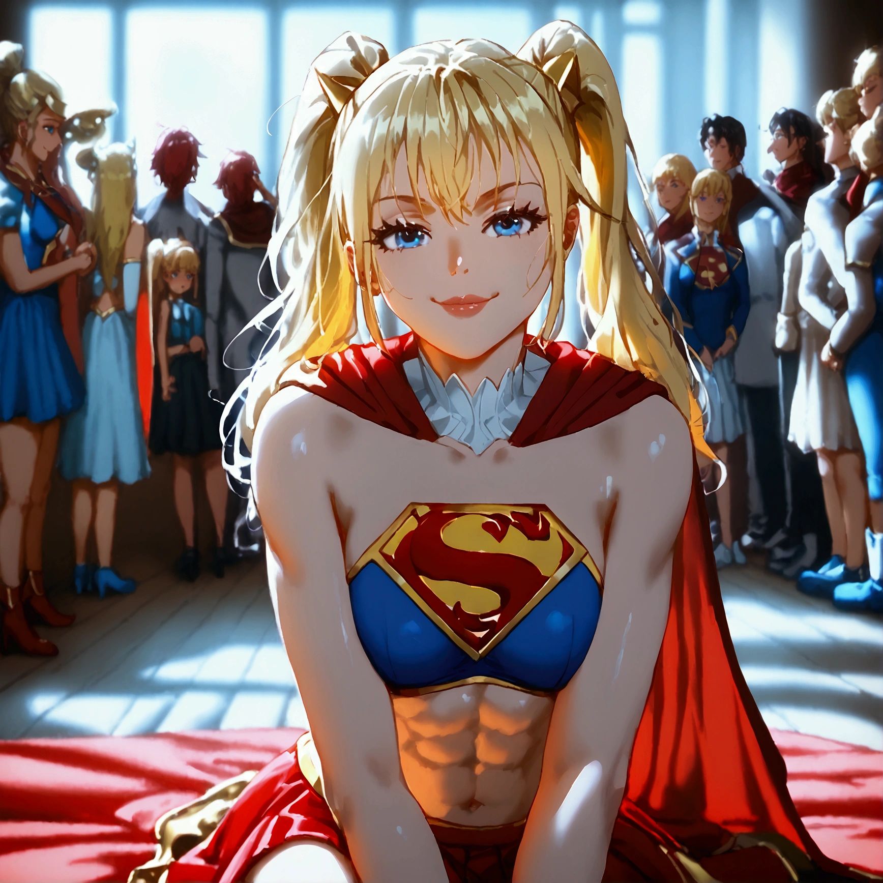 tall  supergirl, detailed, loli，golden  Double ponytail hair, supergirl，huge breast，abs，very detailed，full body，red skirt，red high  heel boots ，red cape，Concept art of a smug Supergirl welcoming the adoration of her fans. A crowd of amazed onlookers gawk at her. Blue skater satin skirt with pointed golden waistband. She has long, straight, silky blonde hair and bright blue eyes. Delicate, feminine face. Her costume has a satin sheen. She wears a majestic red cape. Blue shirt with a prominent 'S' emblem over her chest. Her MIDRIFF with toned abs is showing. ***************************, 1 princess *********, It's pretty and cute,pretty, shoes, house ,bed, full shot, Turn around and look at my butt, lying down, lying down,kneel and sit ,full photo