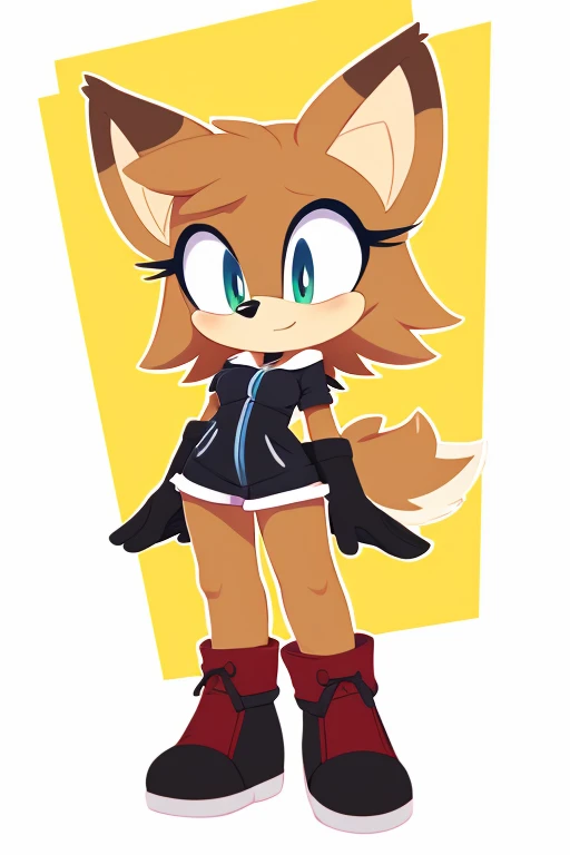 Female, Mobian, raccoon, smile, small breasts, wearing red vest, wearing black shorts, has thick thighs,