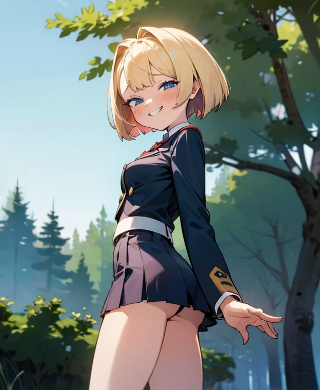 wearing ,sailor suit,dark blue clothes,Stand and cross your arms,black knee socks,Wearing brown leather shoes,Shiny leather shoes,whole body,putting one's foot on a soccer ball,smile,Grass background,(perspective from below)