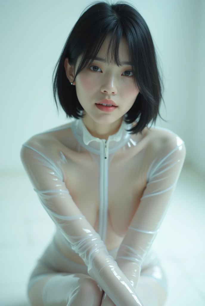 (white thema:1.5), (wearing a leather high leg leotard:1.6), ((off shoulder), (cat ears:1.5), (Fur arm cover:1.5), (see-through stockings:1.5),Cleavage、(She looks straight ahead:1.2), (bowlcut-short hair:1.6, black hair, blunt bang:1.6), (large breast:1.5),erotic, (dark prison interior, minimal lighting), hyper detailed, photorealistic, dramatic lighting, cinematic composition, dark gritty atmosphere, muted color palette, extreme detail, sharp focus, masterpiece, award winning, 8k, high quality