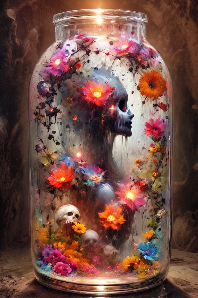  there is a bottle with a skull and lots of colorful flowers inside, Ren Bonian ,  instagram, Empty heart,  Head in a Glass Jar , hauntingly Beautiful art, Creepy art,  Profile Picture ture,  Amazing Art , Surreal Dark Art, Memento Mori , Beautiful art, Beautiful artwork, Amazing art,  Dream Scenery in a Bottle ,  dark surreal art ,  Profile Picture 