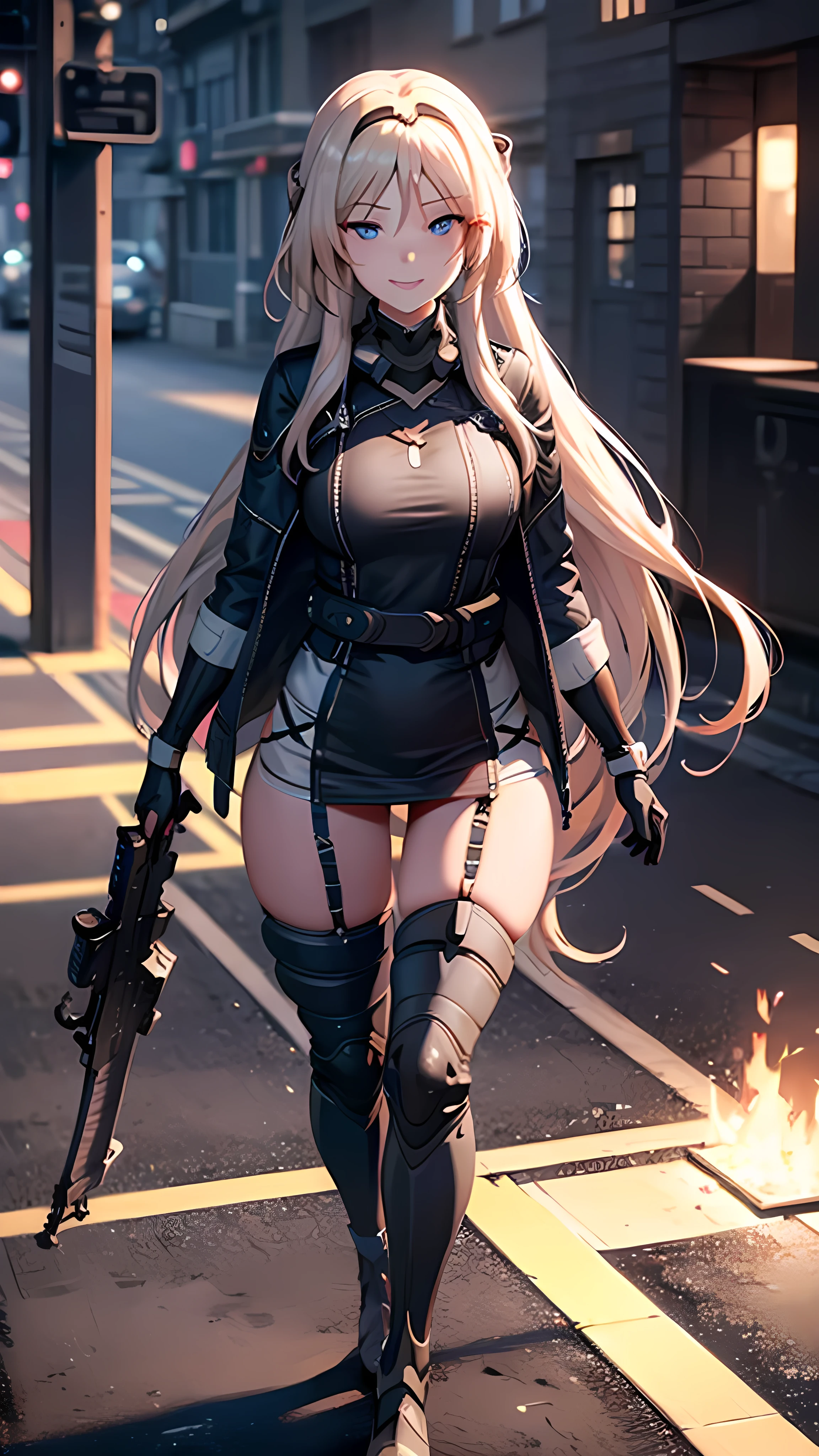 (extremely detailed CG unity 8k wallpaper), the most beautiful artwork in the world, 1girl, full body, detailed eyes, smug, smile opened, heart eyes, big breast, teeth, walking, holding weapon, an-94, blood at the face