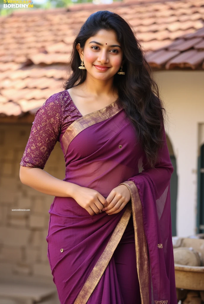 "Create an image of a woman standing outdoors in a vibrant purple saree with a patterned blouse, elegantly draped to reveal her midriff and navel. She has long, flowing black hair and a confident, expressive look. The background features a rustic village setting with traditional tiled rooftops and warm sunlight enhancing the scene. Focus on realistic details, vivid colors, and natural textures to capture the elegance and cultural essence of the moment."